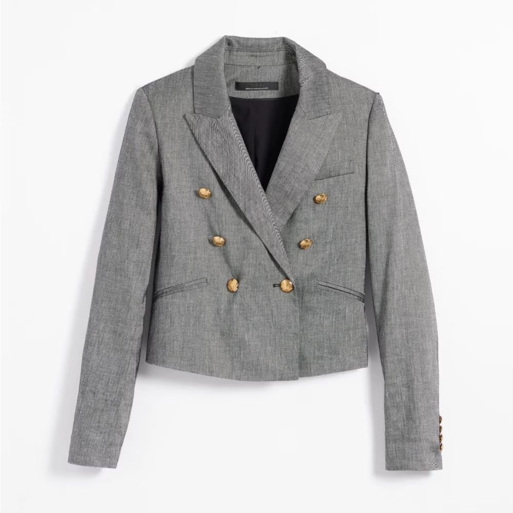 NWT WHBM Cropped Linen-Blend Studio Gray Midnight Twill Blazer 0